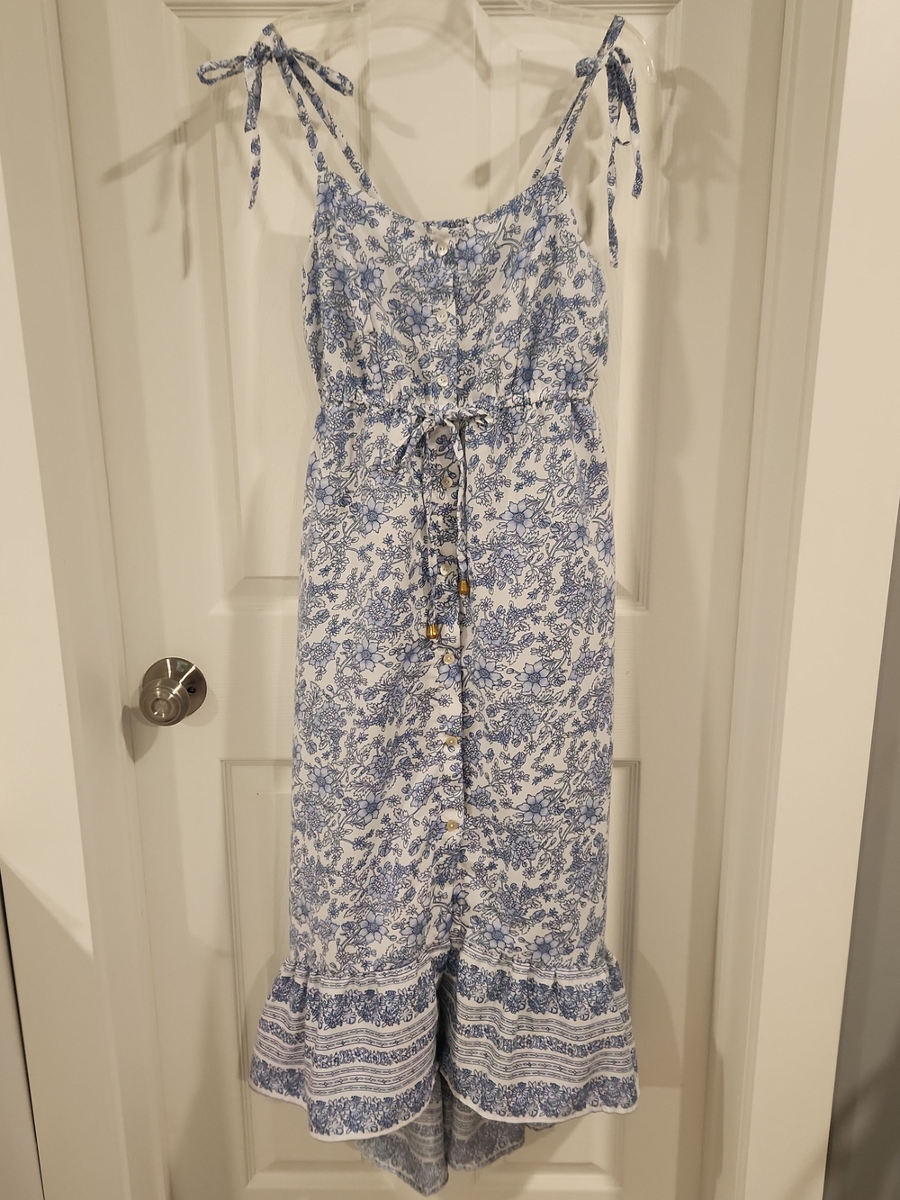 Hint of Blush Hi Lo Dress Womens S Maxi Boho Sewn On Bows Blue Floral Tie Waist